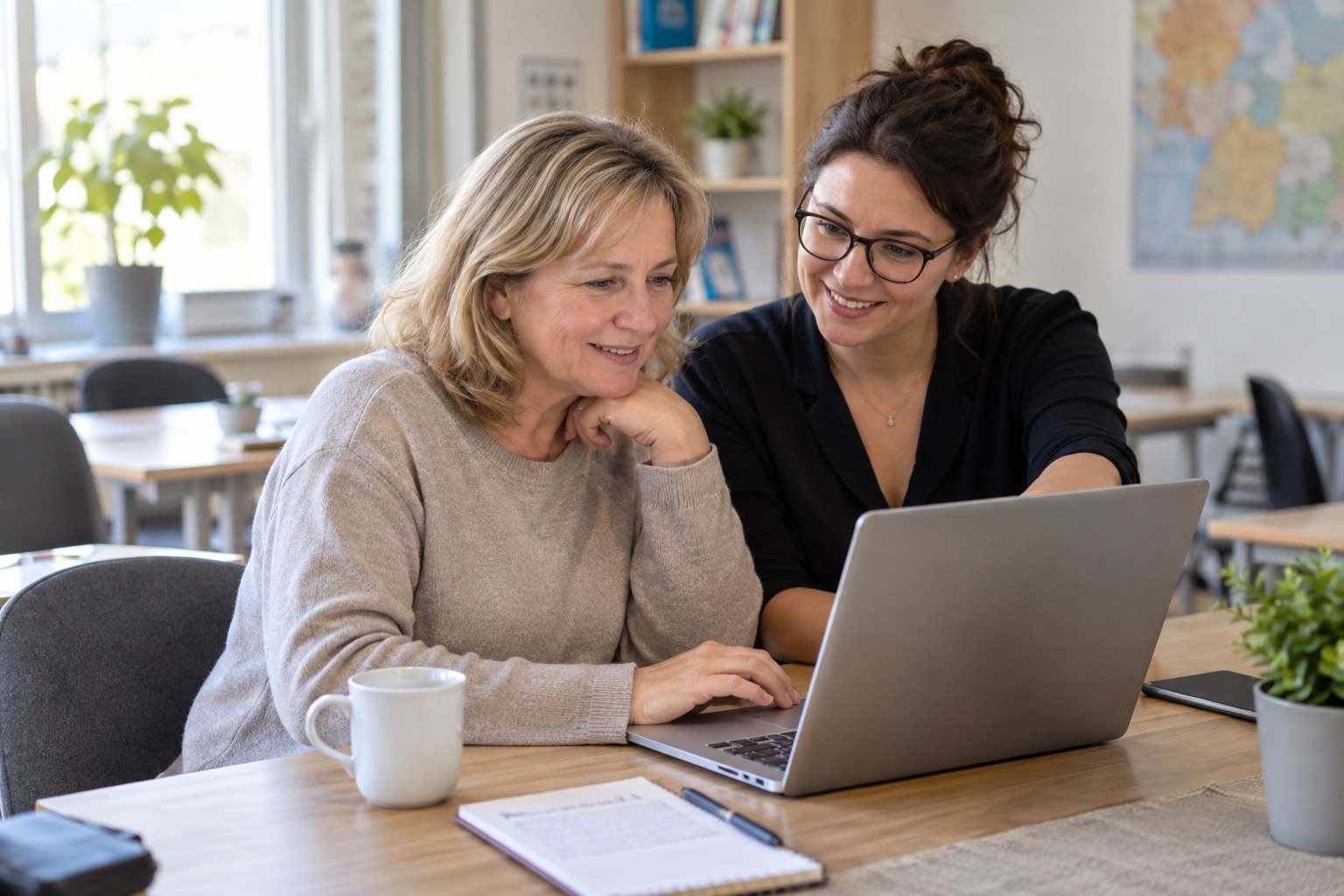 Zwei Frauen sitzen an einem Schreibtisch, blicken auf den Bildschirm eines Laptops und lächeln, während sie an einer Teams-Schulung teilnehmen. Auf dem Tisch in einem hellen Büro liegen ein Notizbuch, ein Stift und eine Kaffeetasse.