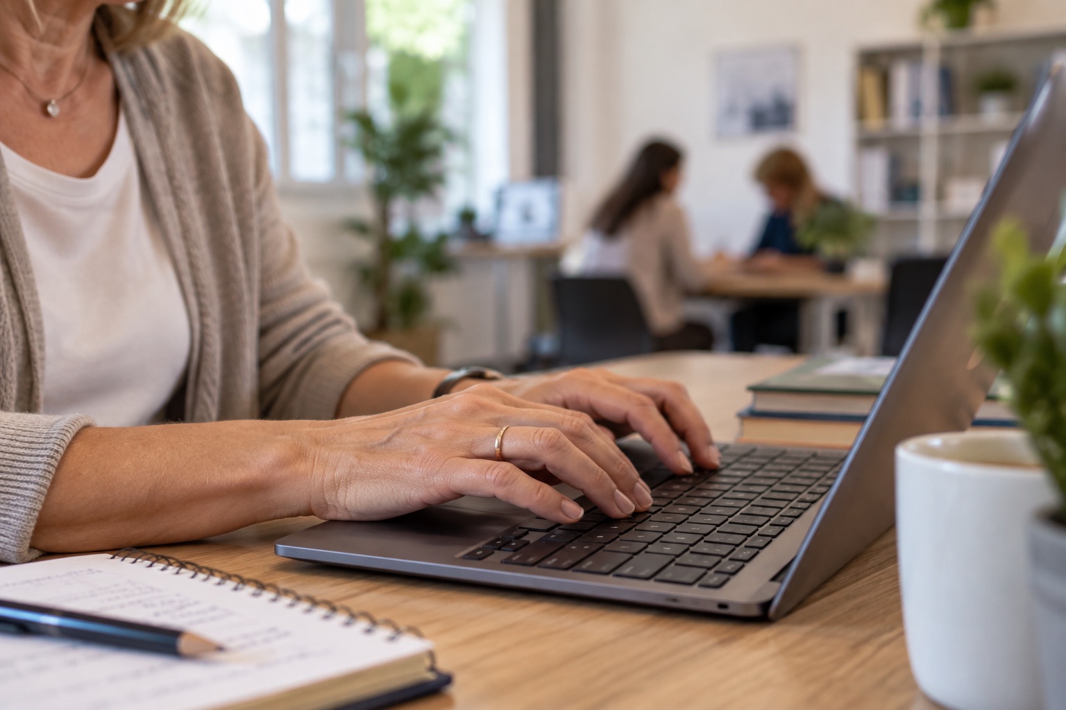 Eine Person tippt an einem Schreibtisch mit einem Notizbuch und einer Tasse auf einem Laptop; im Hintergrund eines hellen Raums sitzen zwei verschwommene Gestalten und unterhalten sich, möglicherweise nehmen sie an einer Teams-Schulung teil.
