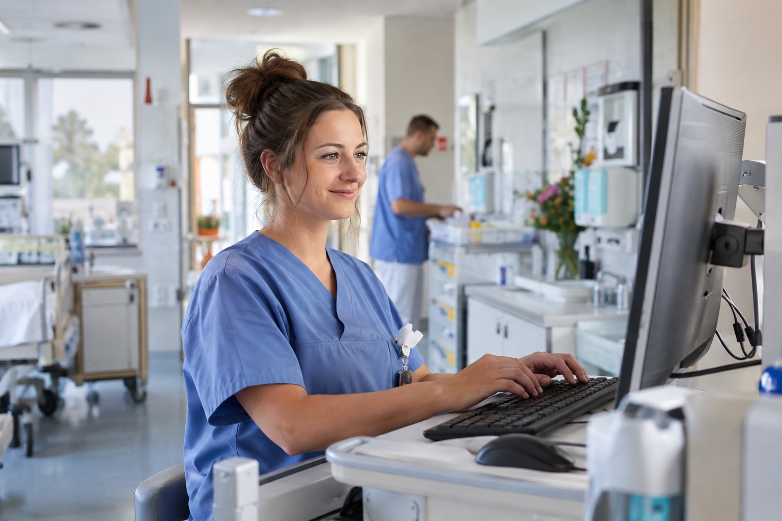 Eine Frau in blauer OP-Kleidung arbeitet an einem Computer in einer Krankenhausumgebung und nimmt möglicherweise an einer Teams-Schulung teil, während im Hintergrund eine weitere Person in ähnlicher Kleidung zu sehen ist, die sich um medizinische Geräte kümmert.