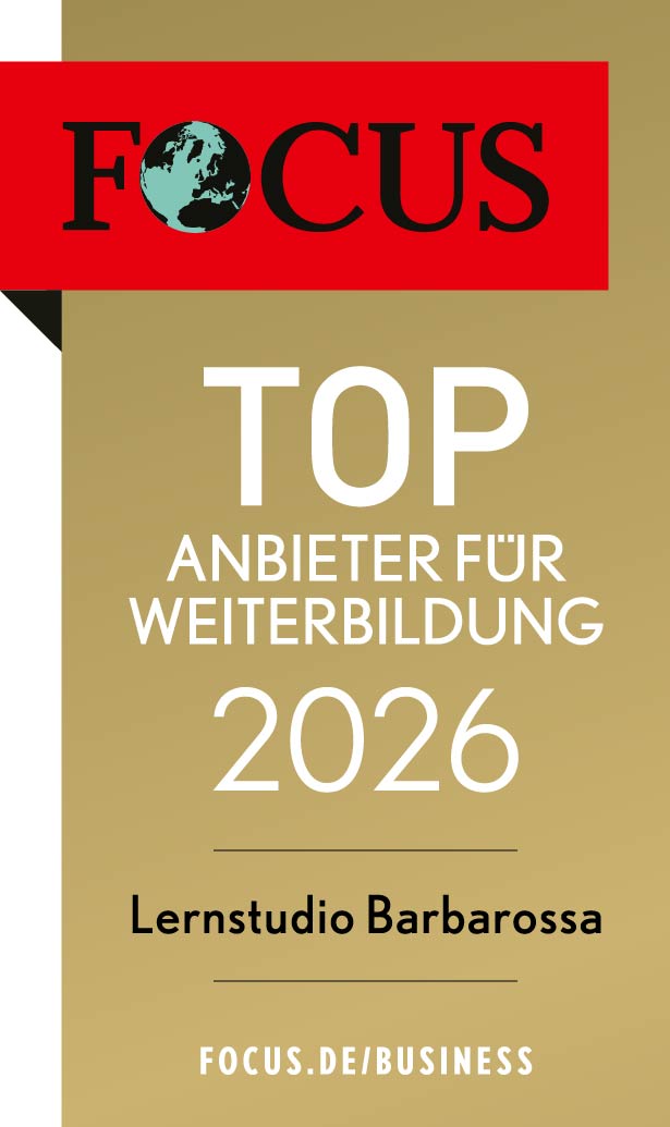 Eine gold-rote Urkunde, die das Lernstudio Barbarossa als Top-Anbieter für Weiterbildung und Computerkurse im Jahr 2026 auszeichnet, verliehen vom Focus.