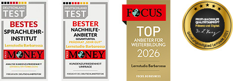 Vier Plaketten weisen das Lernstudio Barbarossa als Top-Sprachschule für Sprachunterricht, Nachhilfe und Computerkurse aus, die mit einem Qualitätssiegel für persönliche und digitale Angebote ausgezeichnet wurde.